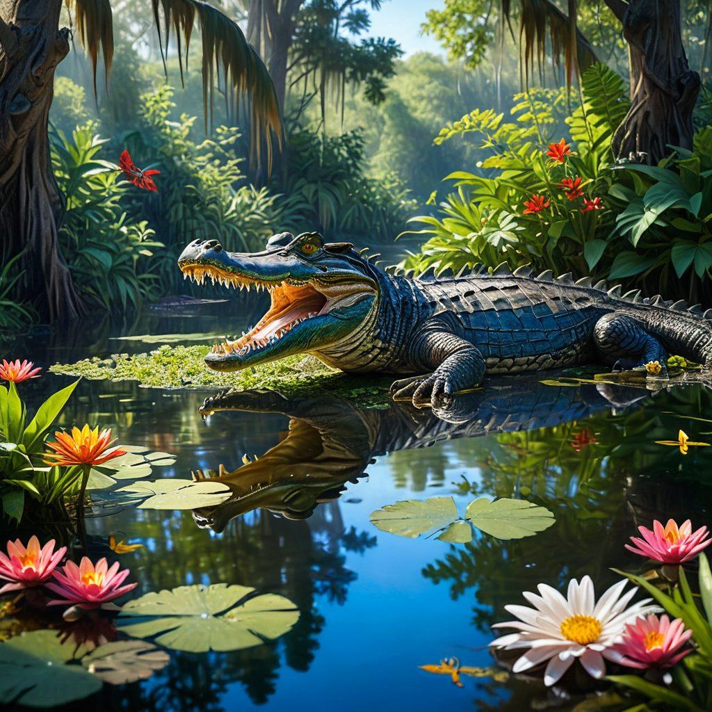 A vibrant swamp scene featuring a majestic alligator lounging in the sun, surrounded by lush greenery and colorful tropical flowers. Include a clear blue sky and gentle ripples in the water reflecting the ecosystem's beauty. Add various birds in flight to highlight the dynamic wildlife. super-realistic. vibrant colors. natural lighting.