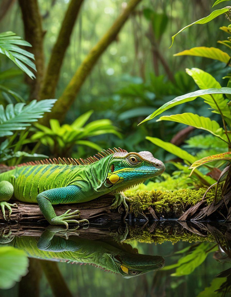A vibrant scene showcasing a variety of Florida's reptiles, including a vivid green iguana, a brightly colored anole lizard, and a strikingly patterned snake, all perched amidst lush, tropical foliage. Sunlight filters through the leaves, highlighting the scales and colors of each reptile. The background features hints of a serene Florida swamp with gentle water reflections. super-realistic. vibrant colors. natural setting.