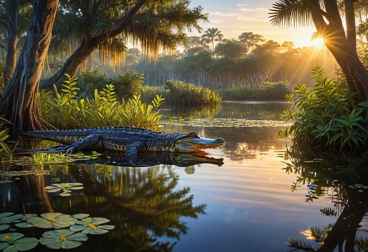 A serene Florida wetland ecosystem at dawn, featuring an alligator basking by a shimmering waterway surrounded by lush mangroves and vibrant wildflowers. Soft rays of sunlight filter through the trees, illuminating the alligator's scales and reflecting off the water's surface. Include diverse wildlife like birds and turtles, emphasizing harmony in nature. super-realistic. vibrant colors. nature-focused.